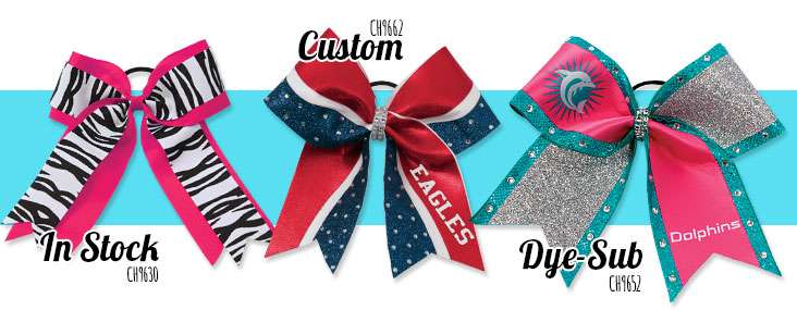 comparison of three different kinds of cheer bows, stock, custom, and printed
