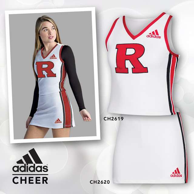 white, red, and black women's adidas cheerleading uniform shown on a model and on a shadow form