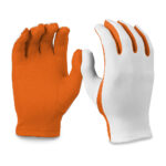 white flash gloves with orange palms, front and back view