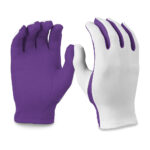 white flash gloves with purple palms, front and back view