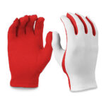 white flash gloves with red palms, front and back view