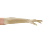 gold satin above elbow length gloves, side view