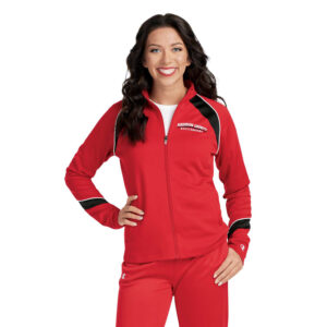 Smiling model in Champion Nova Warm Up Jacket with coordinating pants, front view