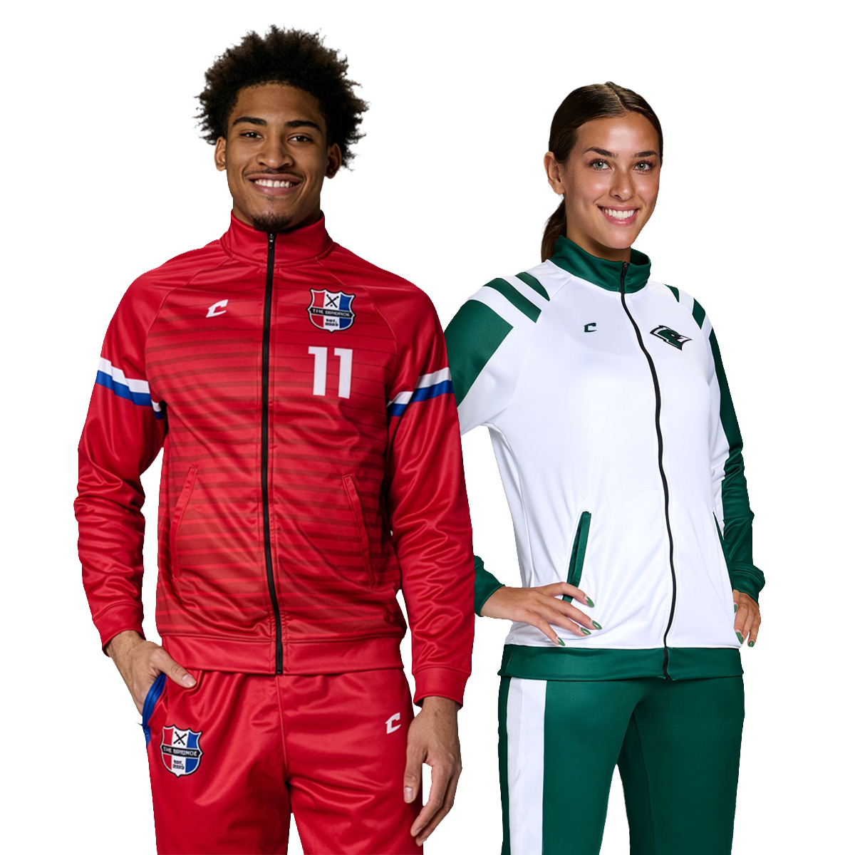 Champro JUICE full zip jacket in red with stripes and in white with green accents paired with coordinating pants