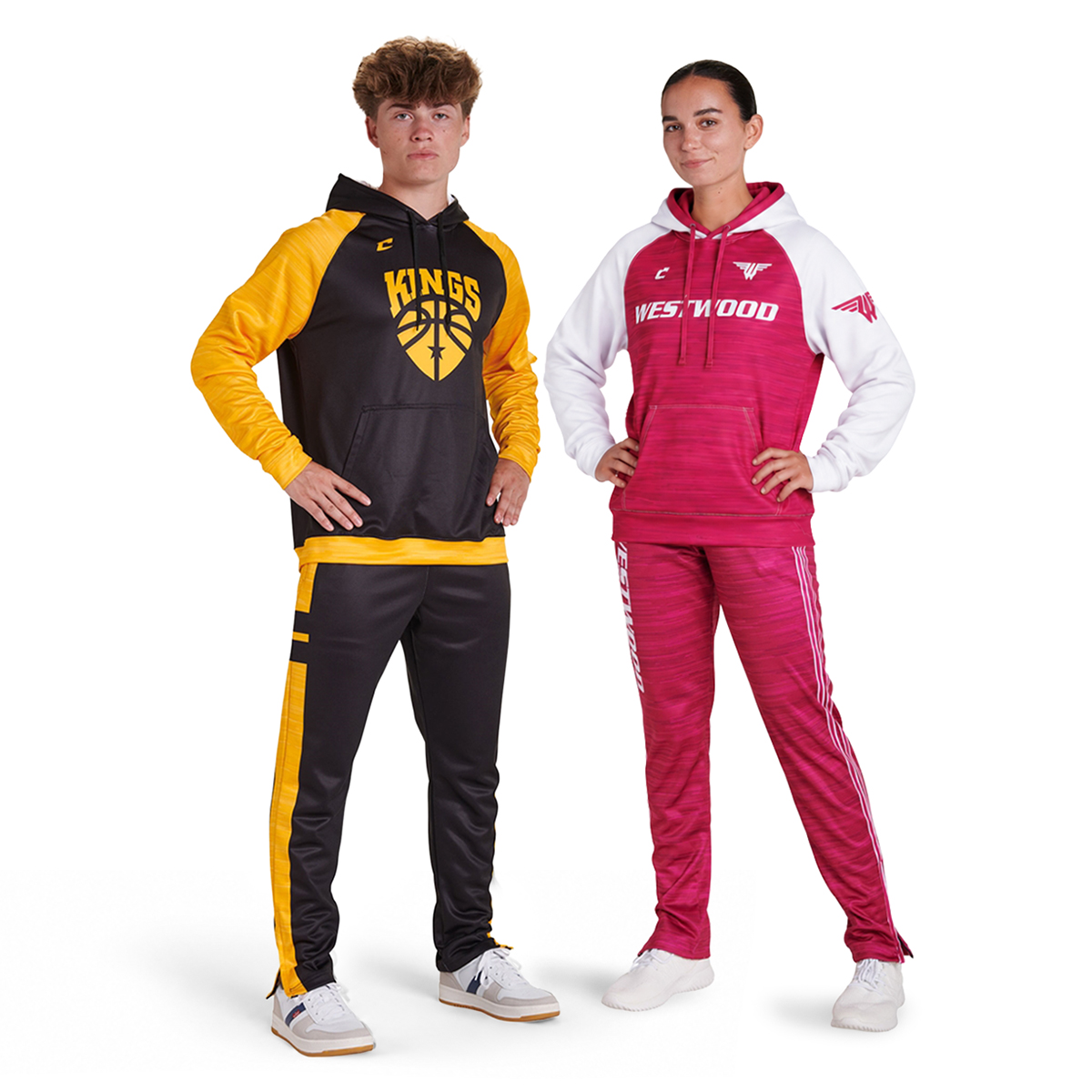 Champro JUICE sublimated track pants in black with gold stripes and in fuchsia with white accents paired with coordinating sweatshirts