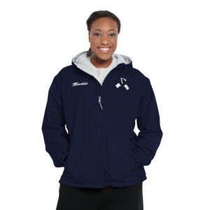 Model wearing a decorated navy Charles River Enterprise Jacket, front view