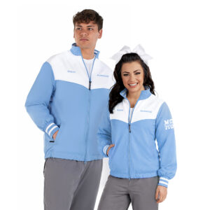 columbia blue/white holloway rowhouse jacket with pants with male and female models, cropped