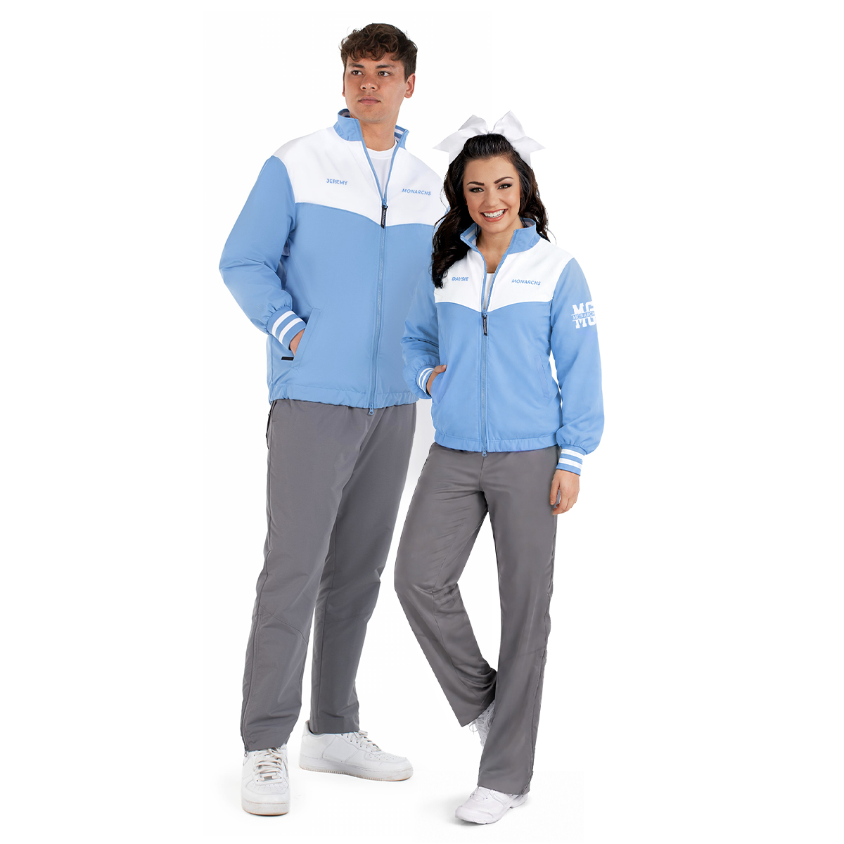 columbia blue/white holloway rowhouse jacket with pants with male and female models