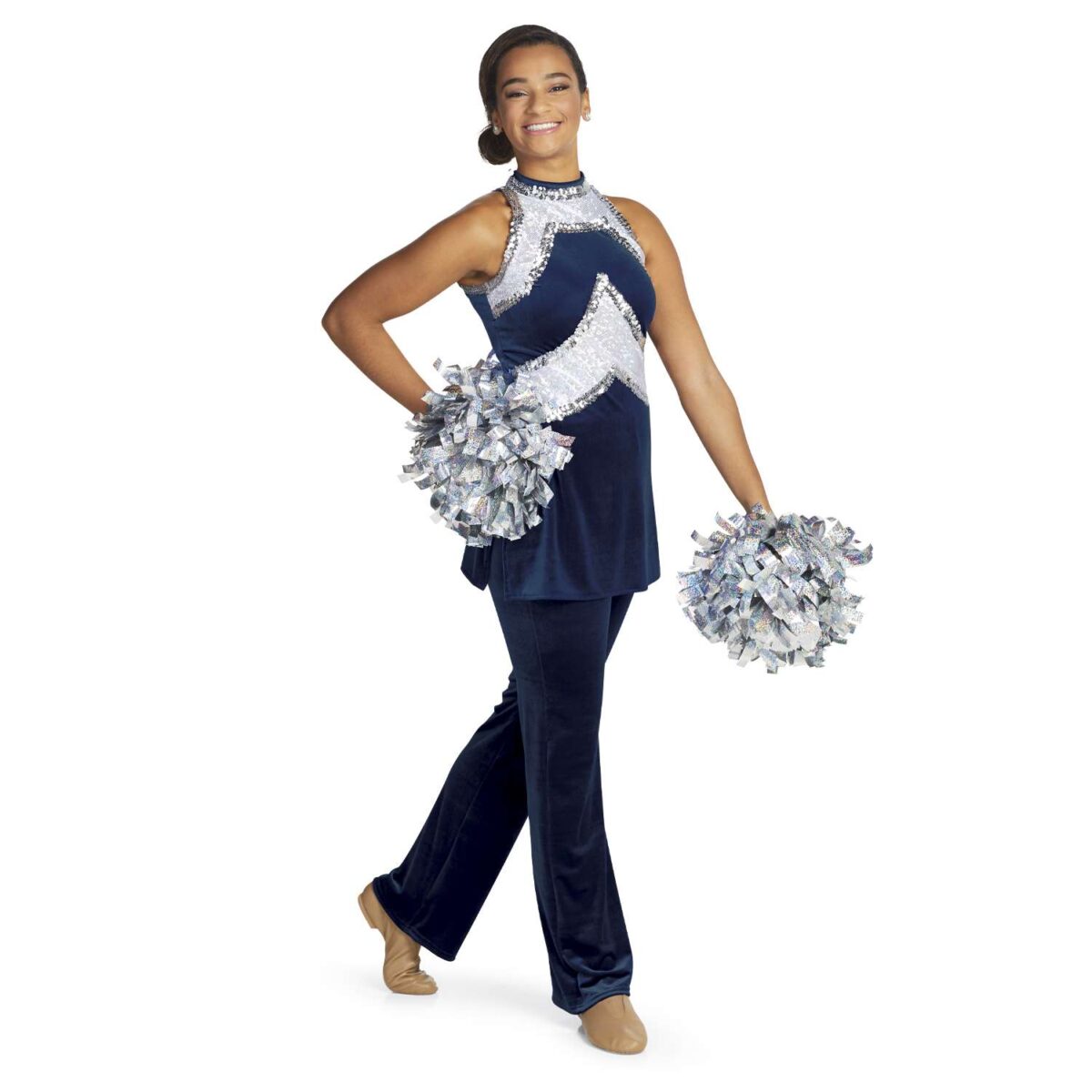 Front three-quarter view navy velvet cheerleader uniform top and pants with silver sequin chevron pom-poms