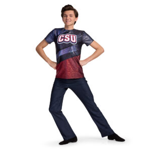 male pom squad model posing in a printed navy, red, and black team uniform, front view