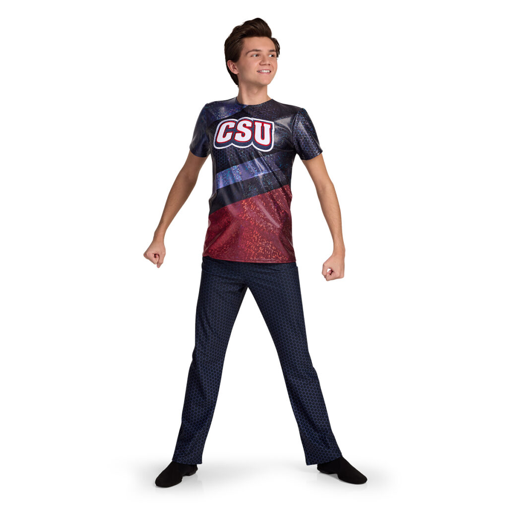 male pom squad model posing in a printed navy, red, and black team uniform, front view