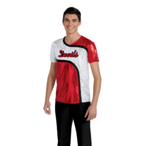 model wearing men's custom dance uniform, detail