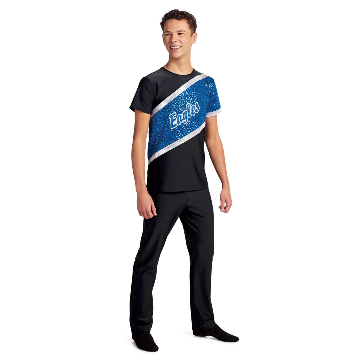 Front view of men's black cheer and dance uniform top with blue sequin panel and silver trim.