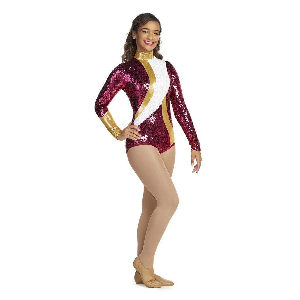model wearing custom dance uniform, front three-quarters