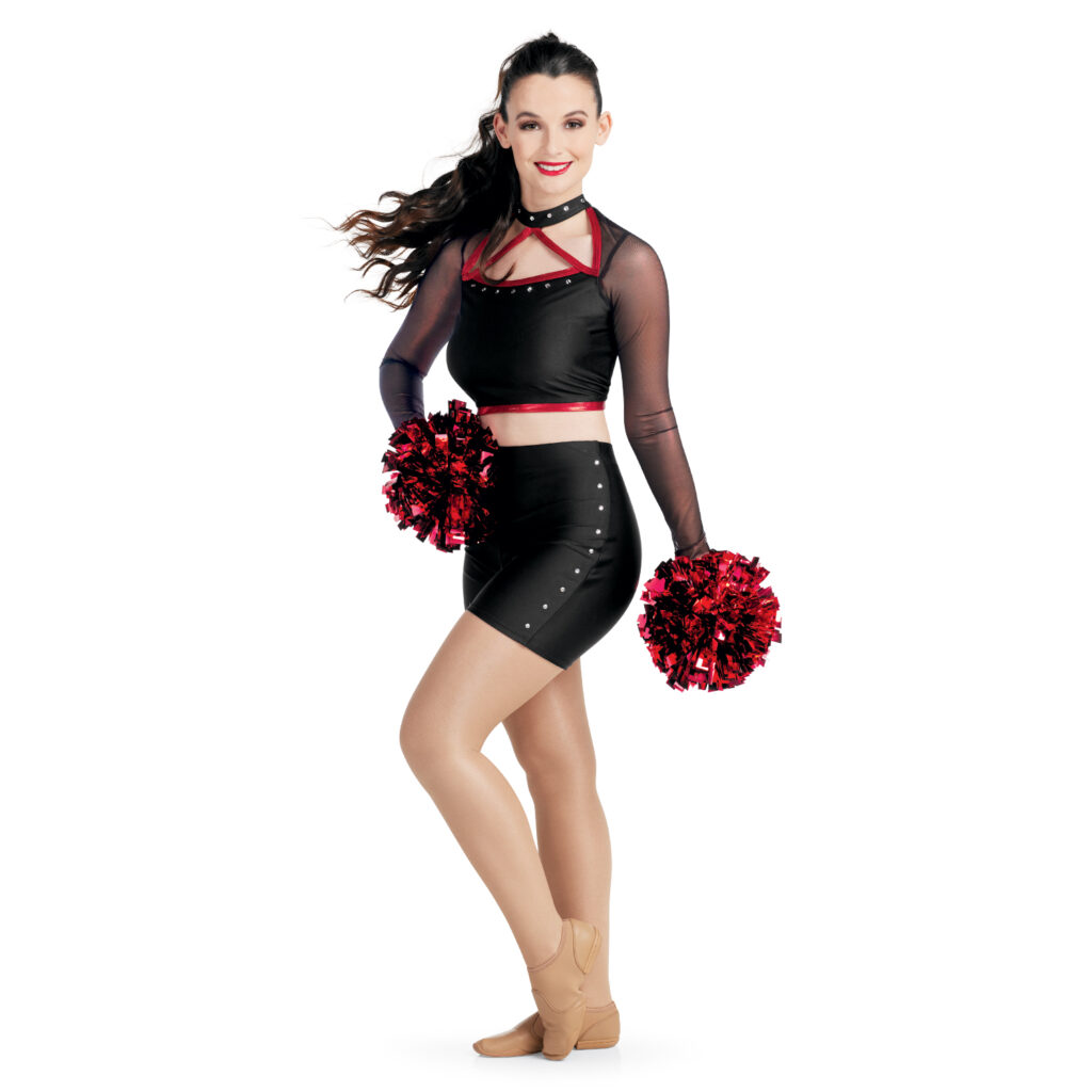 model wearing custom dance uniform, front three-quarters view