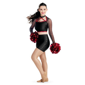 model wearing custom dance uniform, front three-quarters view