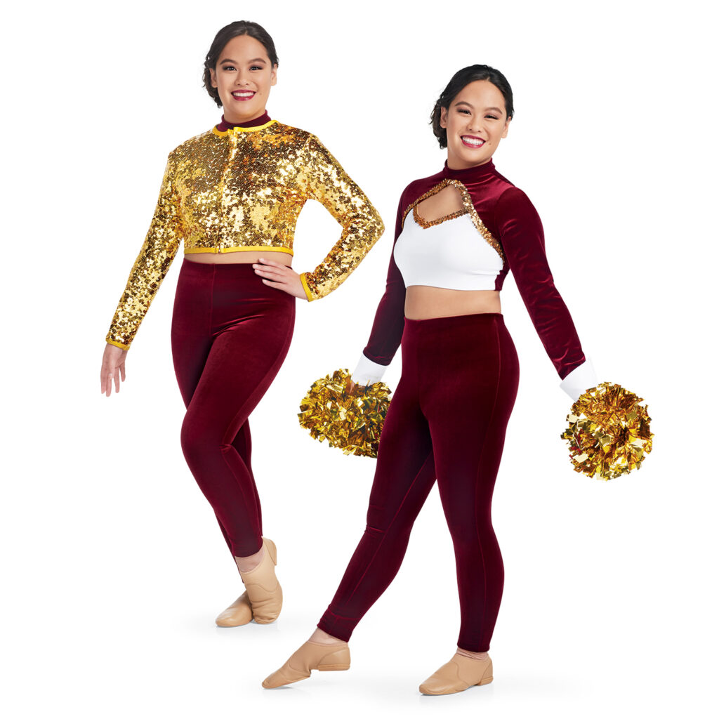 models with and without custom a sequin jacket paired with a custom dance uniform, front views