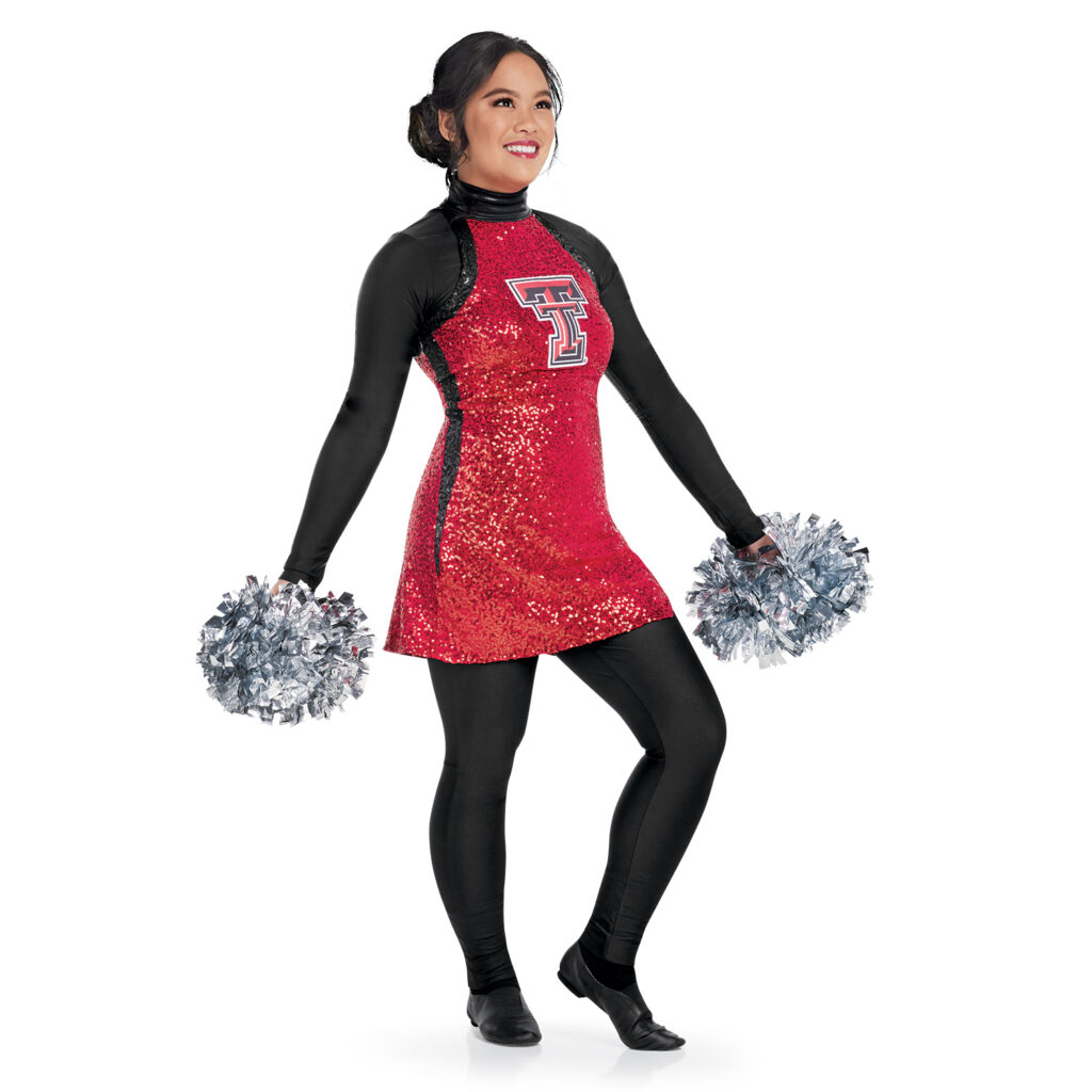 model wearing custom dance uniform, right three-quarters view