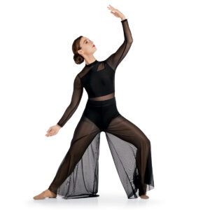 model wearing custom dance bodysuit and palazzo pants, front view