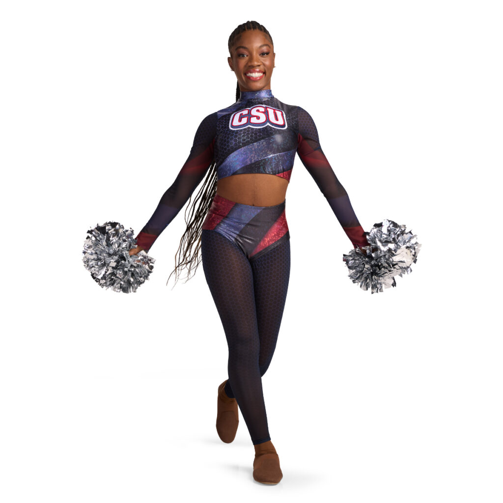 pom squad model holding poms posing in a printed navy, red, and black team uniform, front view