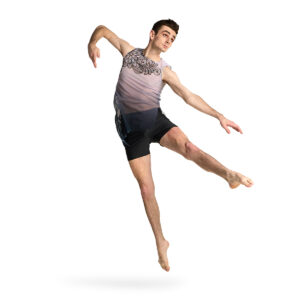 Custom men's mesh dance top in grey and black with printed lace overlay, black shorts, front view