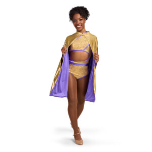custom HBCU dance leotard in purple and gold with coordinating gold cape, front view