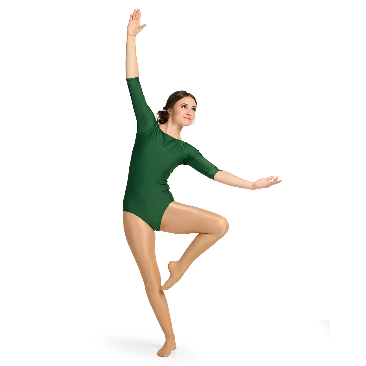 Front view of green 3/4-sleeve dance leotard on dancer with raised arm and right knee lifted in a dance pose.