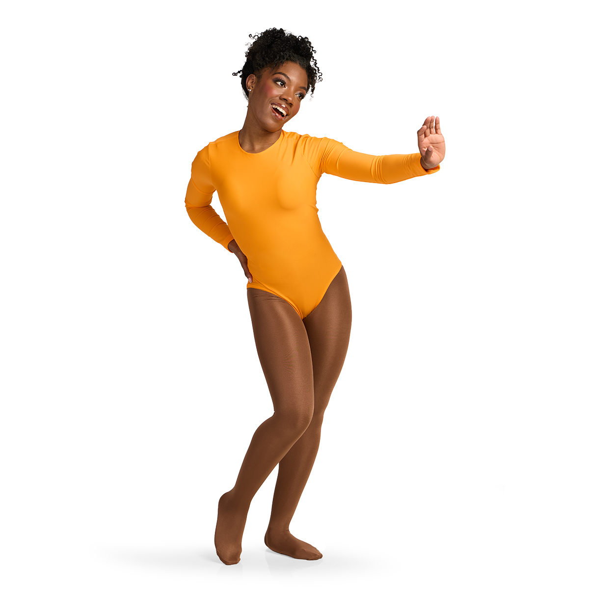 dancer wearing a gold three-quarter sleeve leotard, front view