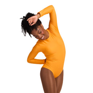 Smiling dancer in a bright yellow long-sleeve leotard, cropped front detail.