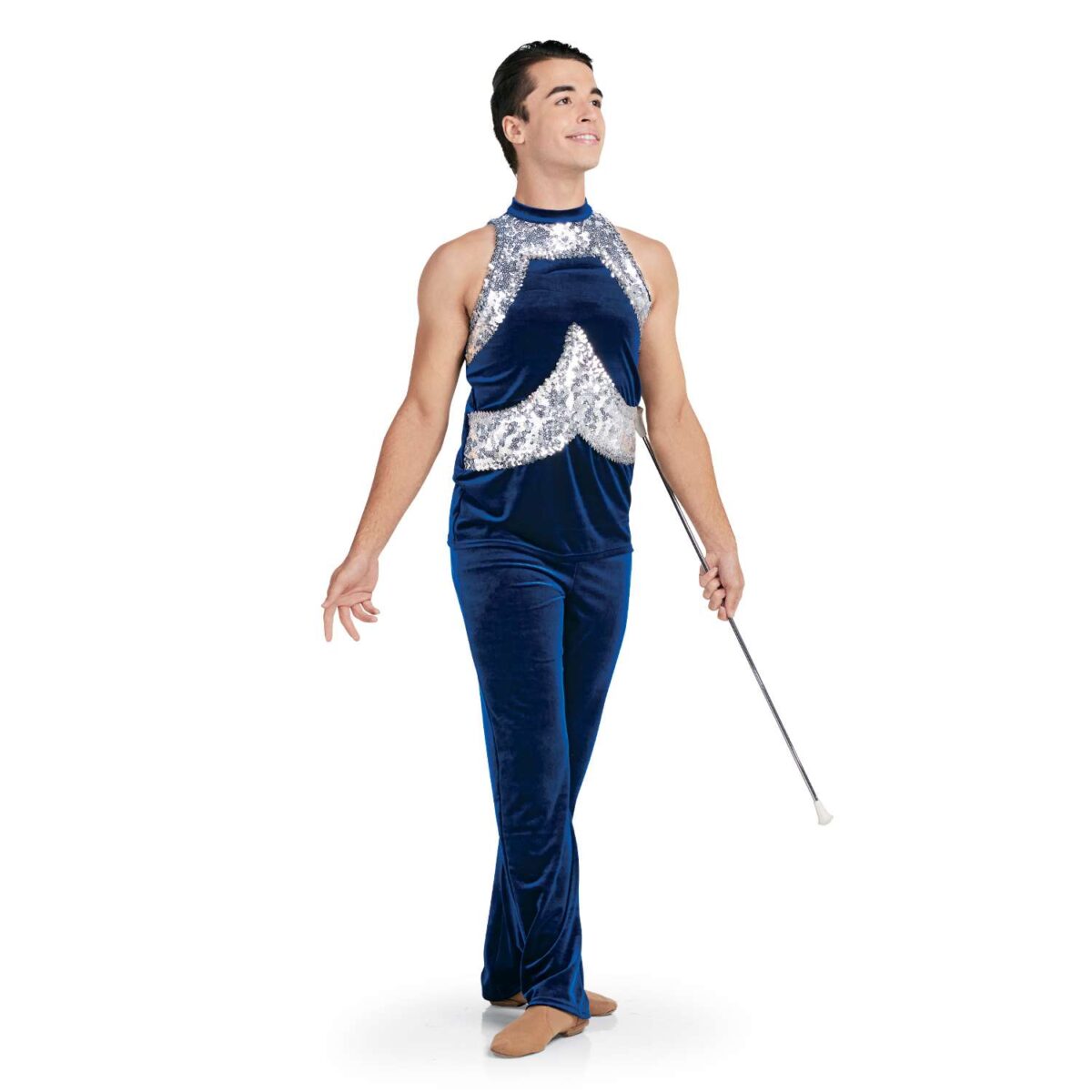 Front three-quarter view of blue velvet performance top with silver sequin chest and coordinating pants, baton