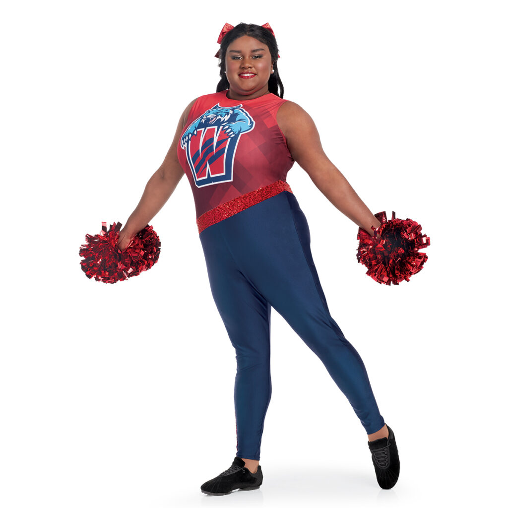 model wearing custom dance uniform, left three-quarters view