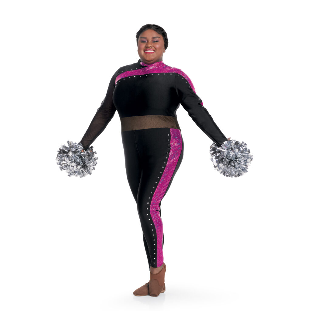 model wearing custom dance uniform, left three-quarters view