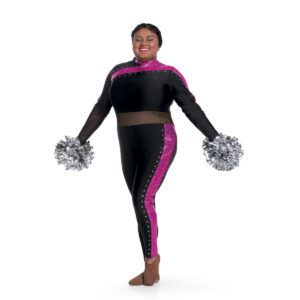 model wearing custom dance uniform, left three-quarters view