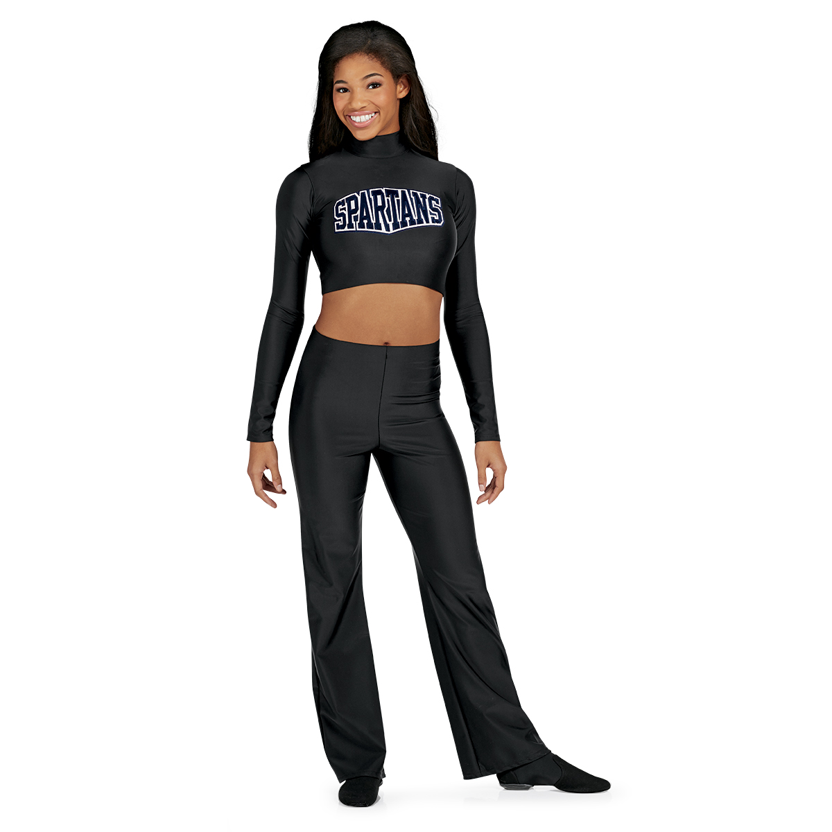 black dance basics crop top with and black jazz pants, front view