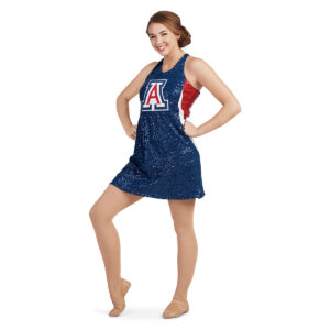 model wearing custom dance uniform, front left three-quarters