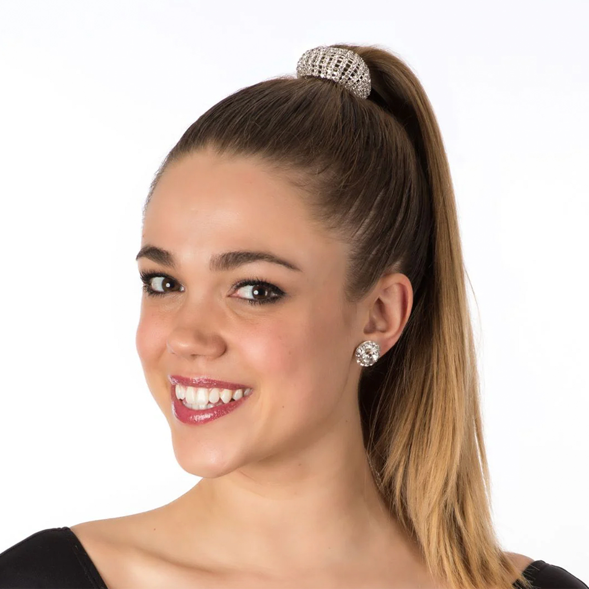 model posing in Clear Rhinestone Button Earrings, left front view