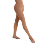 Model wearing maple capezio ultra soft transition tights, front three-quarters view