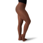 Model wearing mocha capezio ultra soft transition tights, front three-quarters view