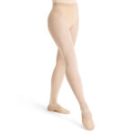 Model wearing porcelain capezio ultra soft transition tights, front three-quarters view