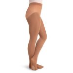 Model wearing light suntan capezio ultra soft transition tights, side view