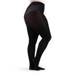 Model wearing black capezio plus sized hold and stretch footed tight, side view