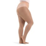 Model wearing light suntan capezio plus sized hold and stretch footed tight, side view