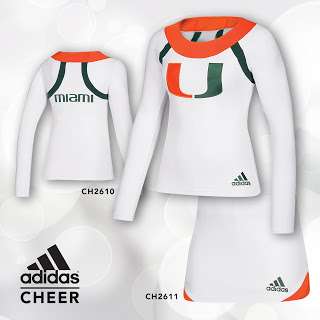 white, orange, and green white and purple women's adidas cheerleading uniform shown on a shadow form