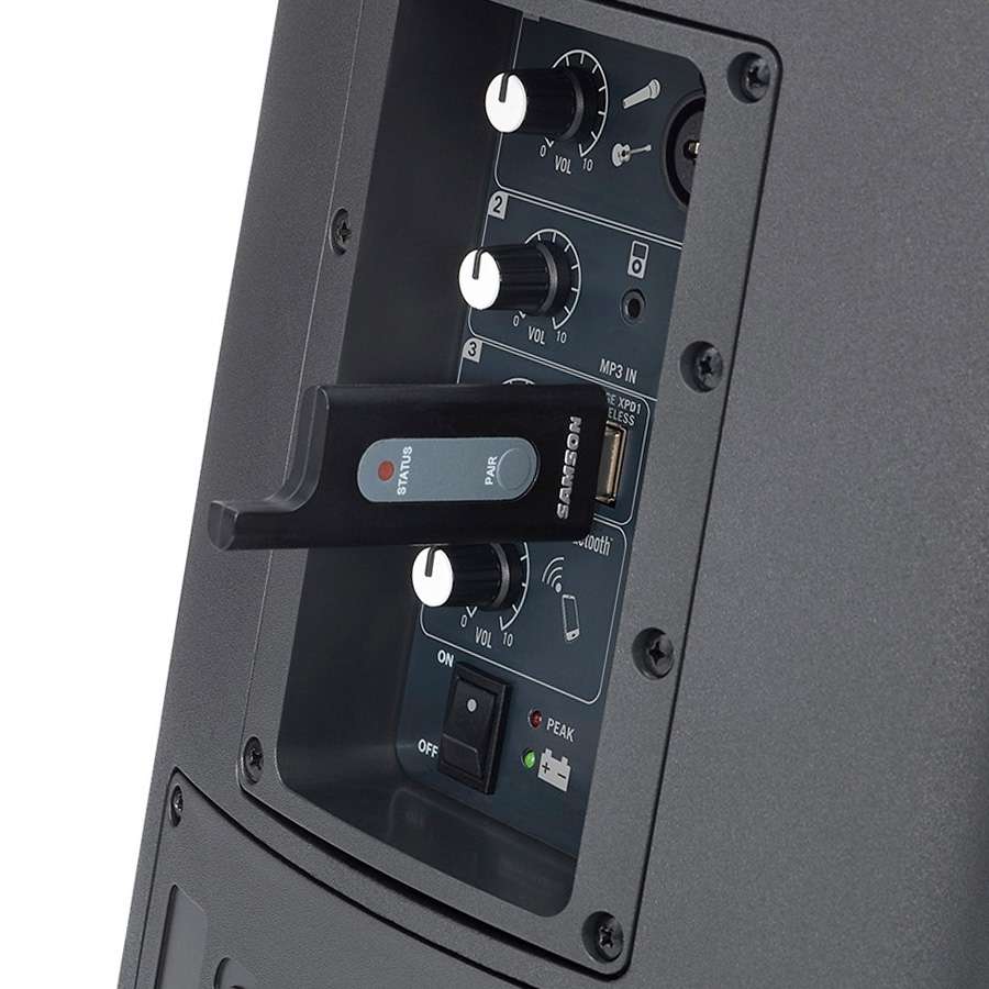 Samson Expedition PA XP106W with Handheld Mic receiver plugged into back of PA, detail view