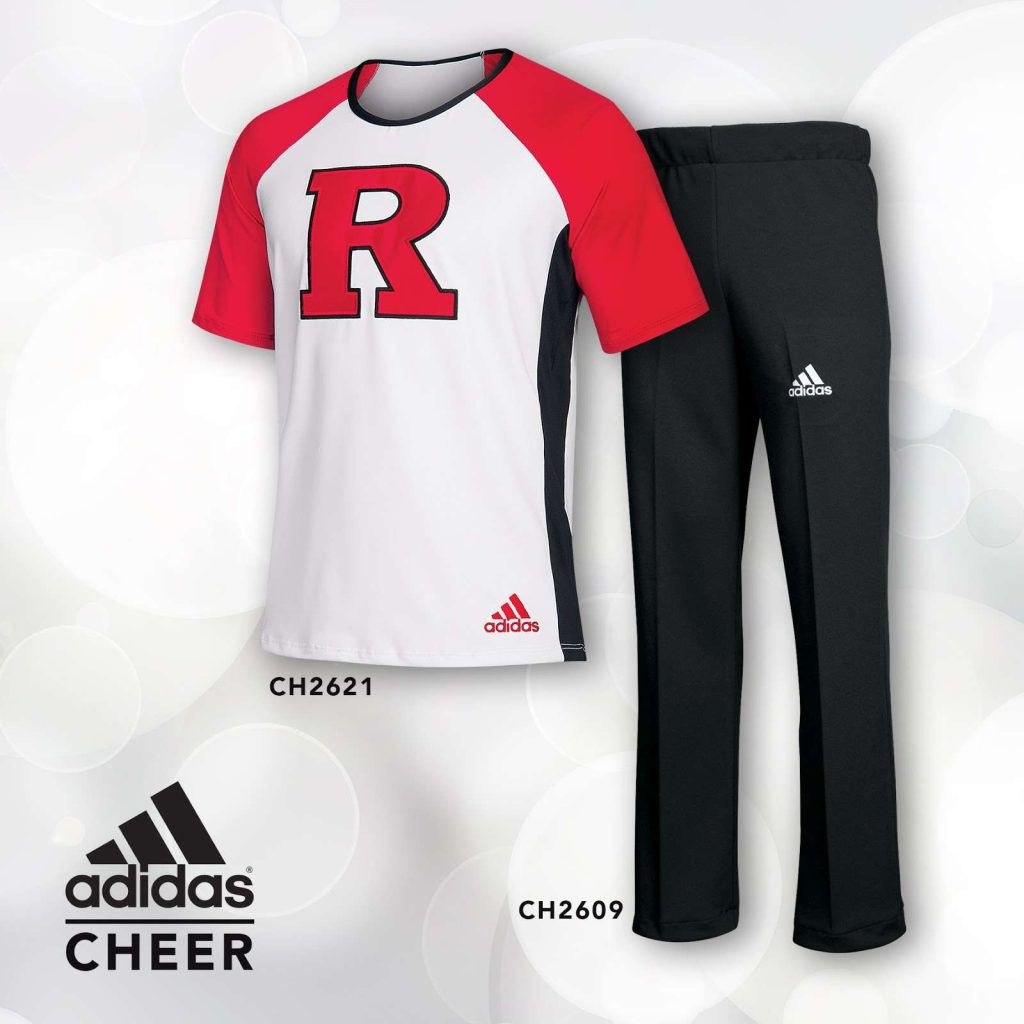 red, white, and black men's adidas cheerleading uniform shown on a shadow form