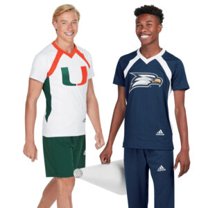 two male models in Adidas cheer uniforms, left side is white, orange, and green, right is navy and white