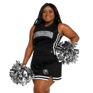 black cheer shell with black and white trim and decoration that reads "Pathers" with black cheer skirt with black and white trim and a panthers mascot, front detail with smiling pretty model