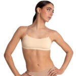 Tan Capezio Adjustable Camisole Bra with with caucasian model, front view