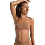Mocha Capezio Adjustable Camisole Bra with with African American model, front view