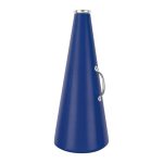 navy molded cheerleading megaphone with silver mouth piece and handle